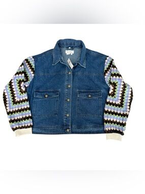 NWT Anthropologie denim crochet sleeve jacket L org $148